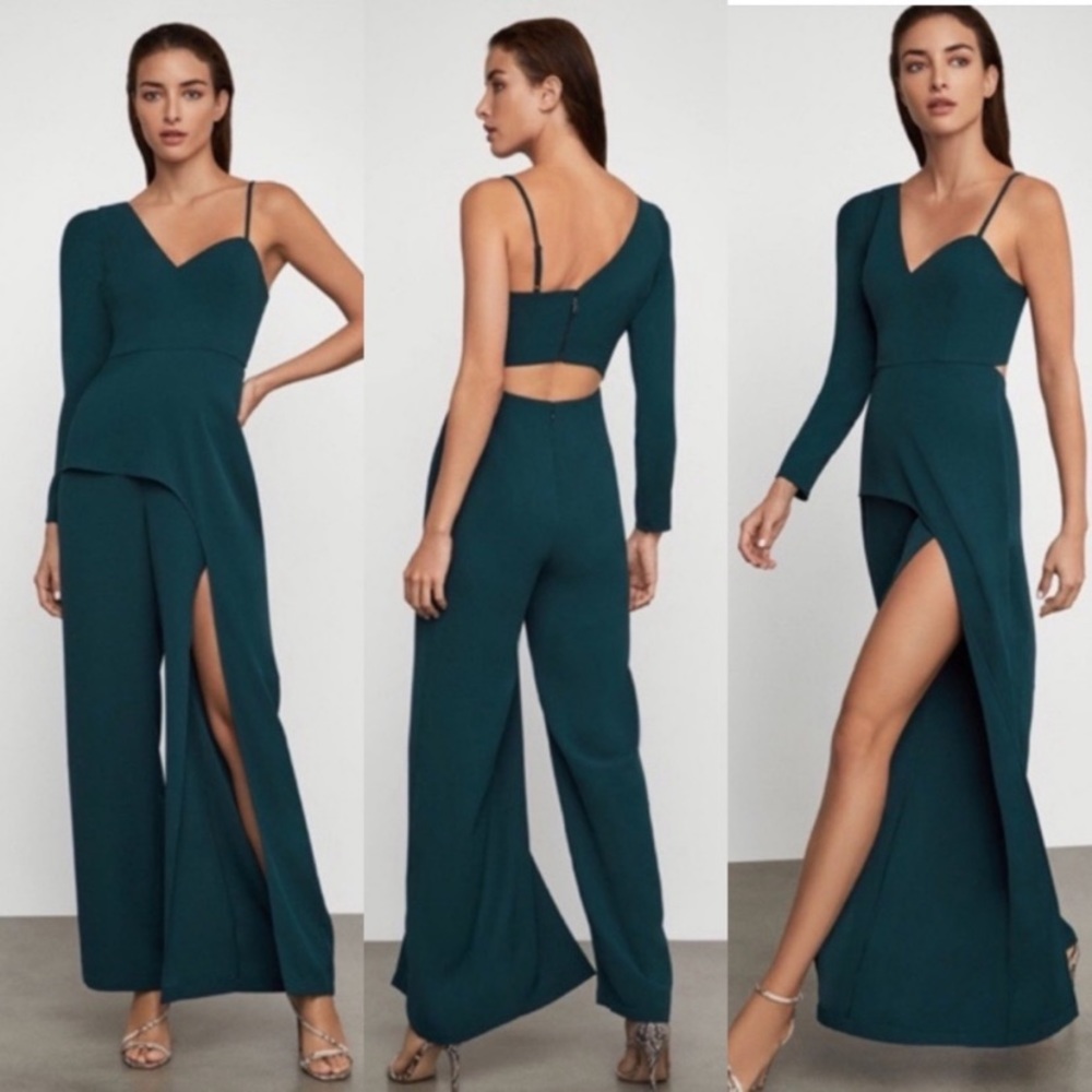 NWT BCBGMaxAzria Sz Large Eva Teal Jumpsuit Asymmetrical Open Leg Cocktail $298